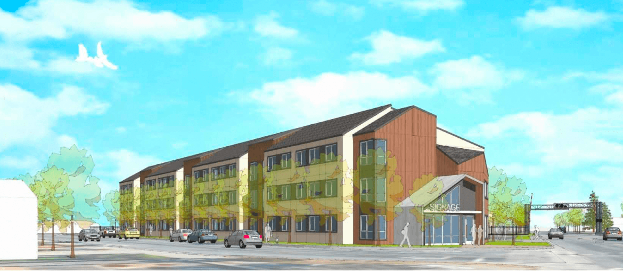 A modern building with a combination of brown and yellow panels.